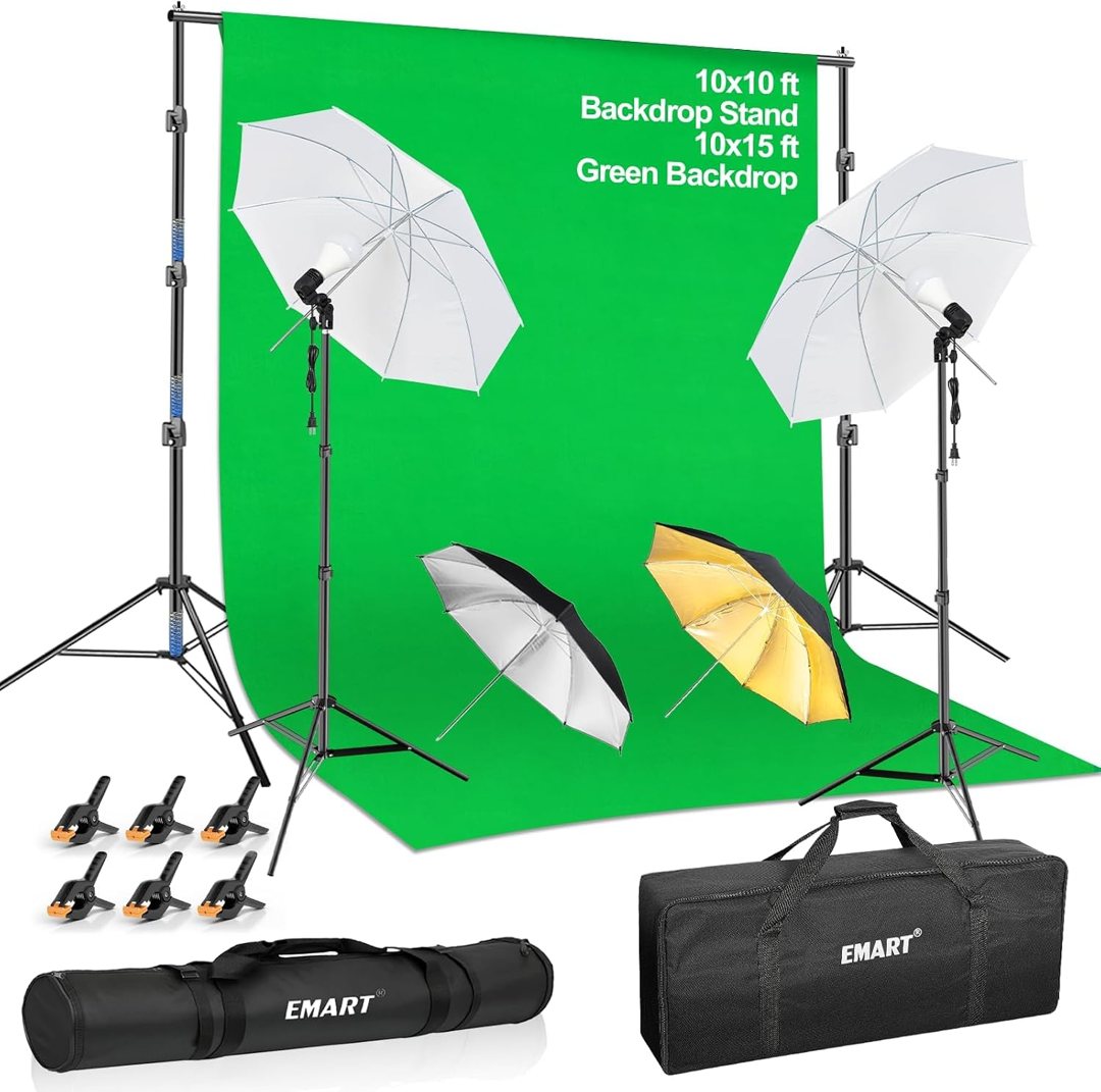 EMART 10x10 FT Green Screen Backdrop Kit with Umbrella Lights for Studio — frame 2