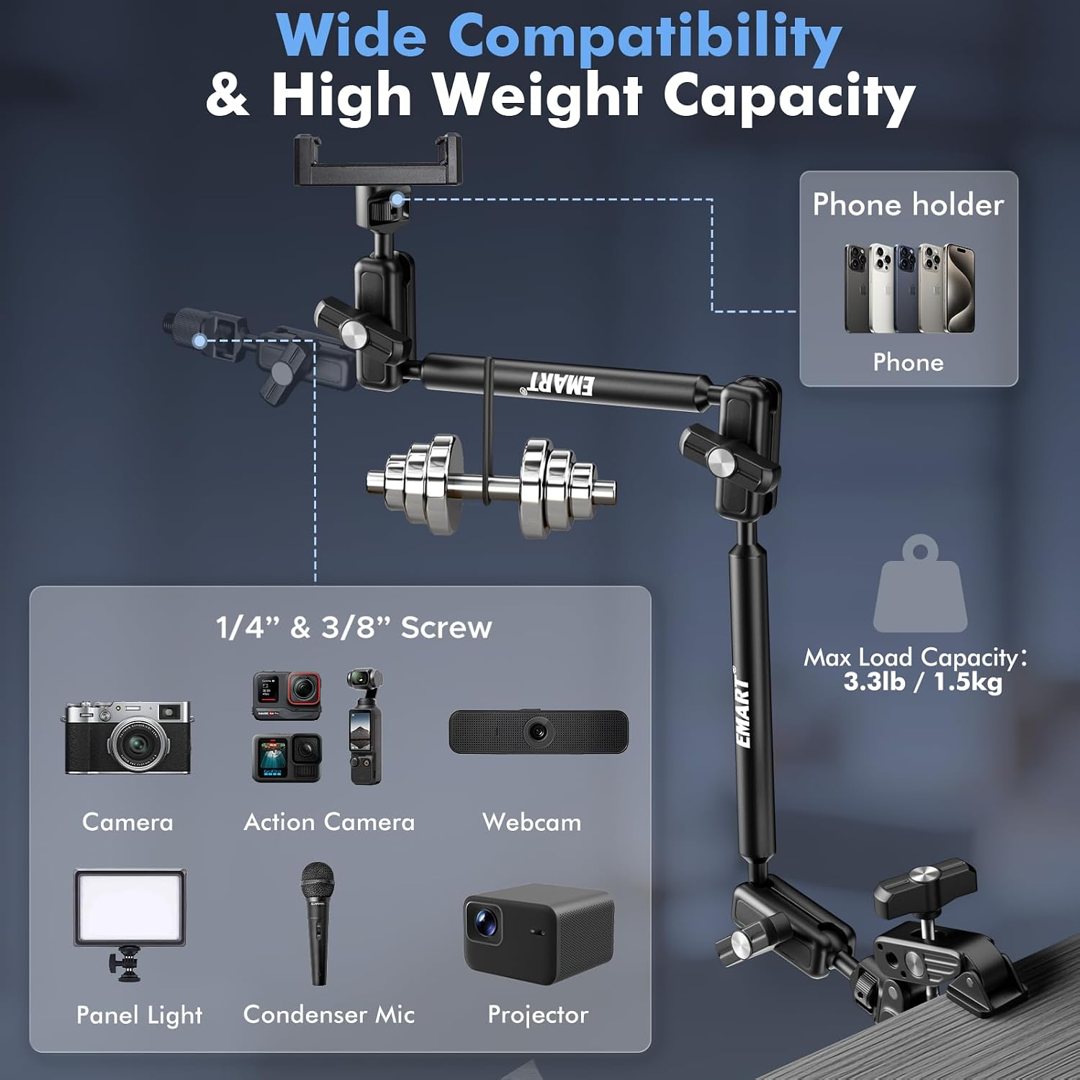 EMART 21" Magic Arm Clamp Kit with Super Clamp, 1/4" 3/8" Threads for ARRI, Flexible Camera Desk Mount, Adjustable Articulating Boom Arm for Webcam/Mic/Action Camera/Phone/Video Light — frame 3