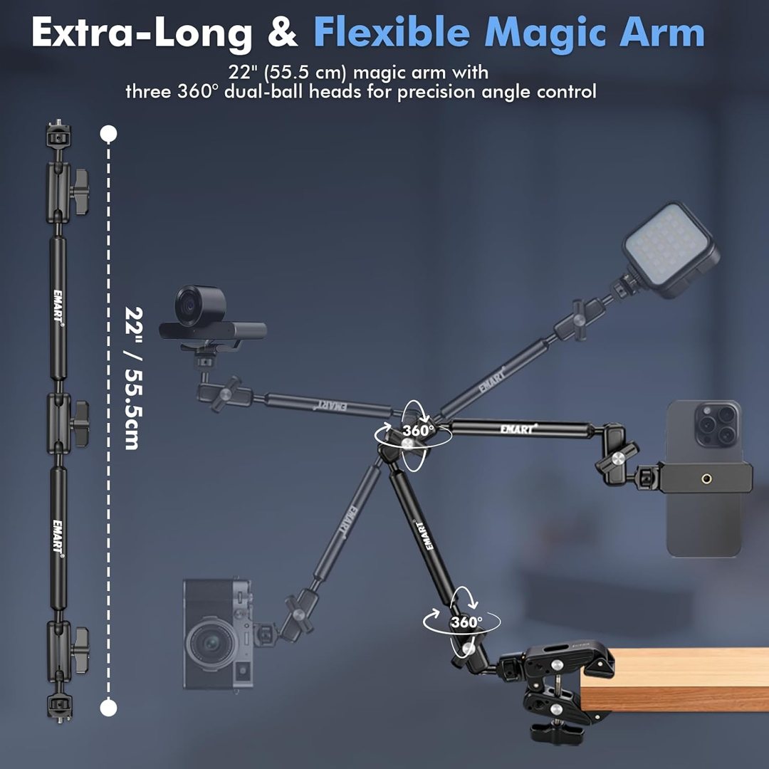 EMART 21" Magic Arm Clamp Kit with Super Clamp, 1/4" 3/8" Threads for ARRI, Flexible Camera Desk Mount, Adjustable Articulating Boom Arm for Webcam/Mic/Action Camera/Phone/Video Light — frame 5