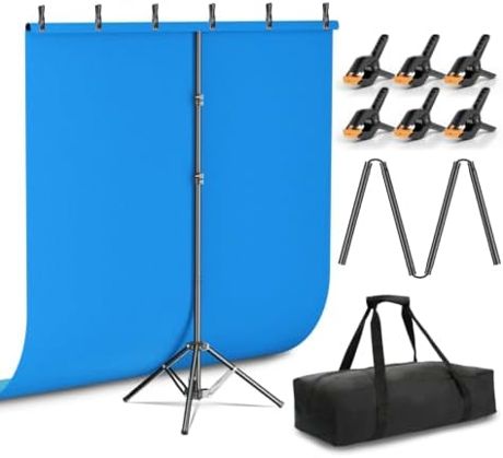 Emart 5x6.5ft Blue Screen Backdrop Kit with T-Shape Stand and 6 Clamps
