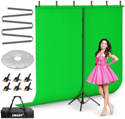 Emart 7x8ft Green Screen Backdrop Kit with T-Shape Stand and 6 Clamps
