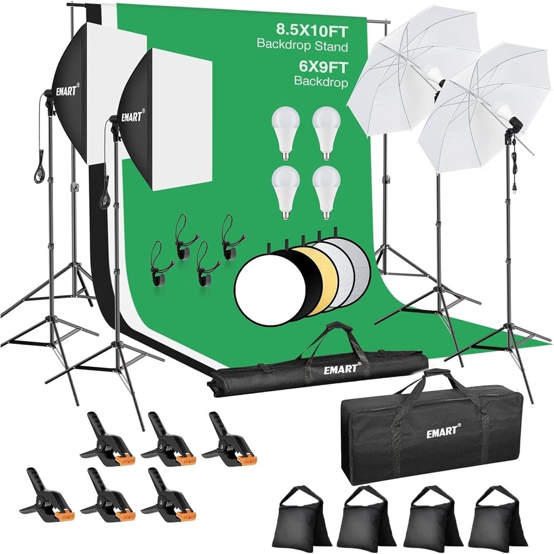 EMART 8.5 x 10 ft Backdrop Support System, Professional Photography Lighting Kit with 50W LED Blub, Reflector, Backdrop *3, Heavy Duty Sandbag *4, Umbrellas&Softbox Lighting Kit for Studio, Portrait — frame 2