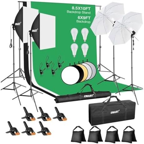EMART 8.5 x 10 ft Backdrop Support System, Professional Photography Lighting Kit with 50W LED Blub, Reflector, Backdrop *3, Heavy Duty Sandbag *4, Umbrellas&Softbox Lighting Kit for Studio, Portrait