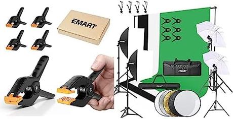 EMART 8.5 x 10 ft Backdrop Support System, with Lighting Kit, with 12 pcs Heavy Duty Muslin Spring Clamps