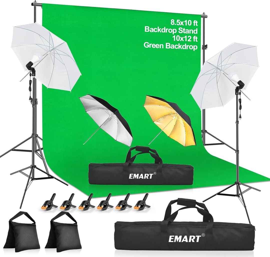 EMART 8.5x10 FT Green Screen Backdrop Kit with Umbrella Lights for Studio — frame 2