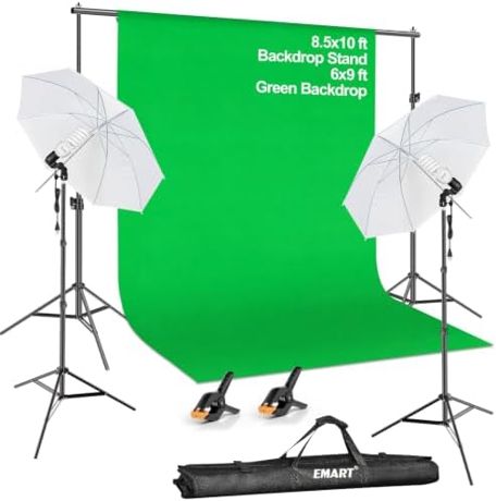 EMART 8.5x10FT Green Screen Backdrop Kit with Umbrella Lights for Studio