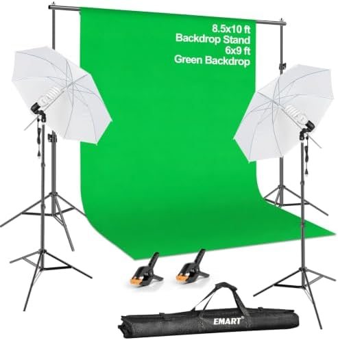 EMART 8.5x10FT Green Screen Backdrop Kit with Umbrella Lights for Studio — frame 1