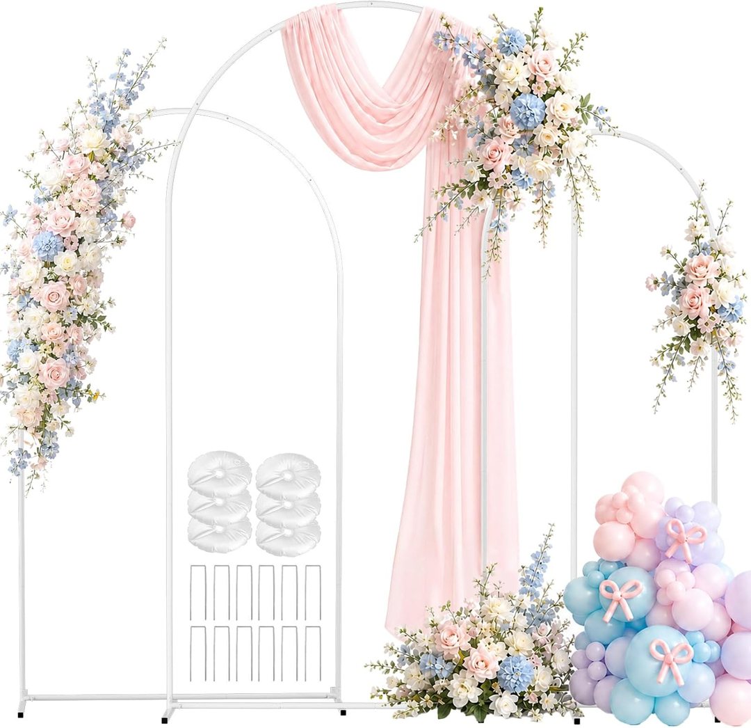 EMART 8/7.2/6.6Ft White Arch Backdrop Stand Set 3 for Wedding Party Balloon Wedding Arch with 12 Ground Nails&6 Water Bags, Arched Backdrop Stand for Birthday, Baby Shower, Graduation, Festival Decor — frame 2