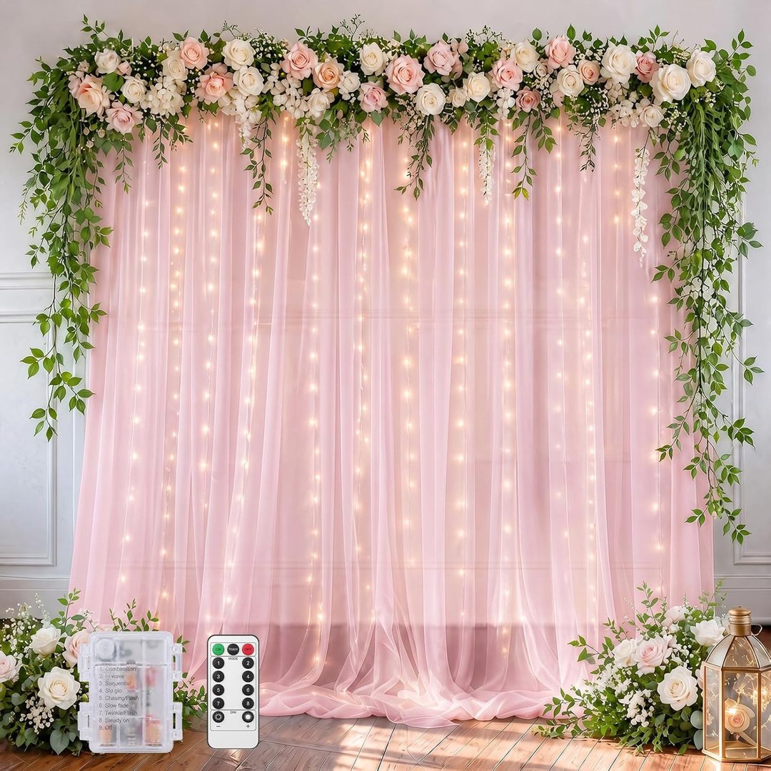 EMART Baby Pink 10x10ft Tulle Backdrop Curtains with Lights String — frame 2