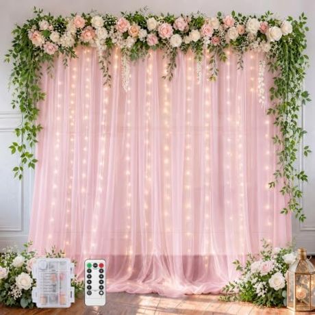 EMART Baby Pink 10x10ft Tulle Backdrop Curtains with Lights String