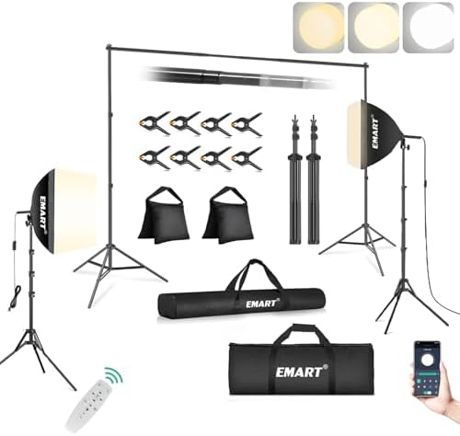 EMART Backdrop Stand 10x7ft(WxH) Photo Studio Adjustable Background Stand Support kit 16"x16" Pull Softbox Photography Lighting Kit with 50W 3000K-6000K LED Bulb with Remote/APP Control