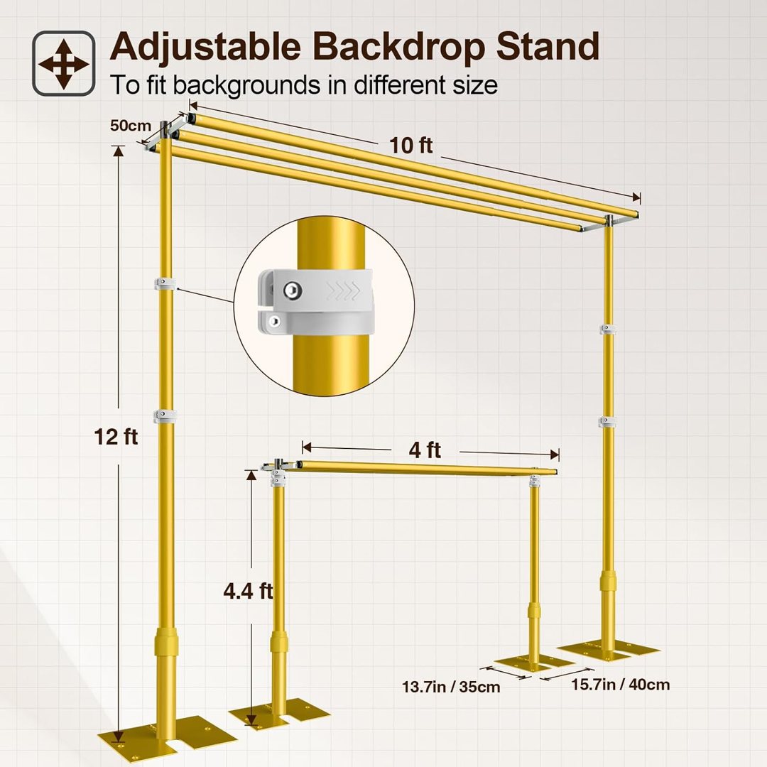 EMART Backdrop Stand Heavy Duty 10x12Ft Three Crossbar Pipe and Drape-Gold — frame 5
