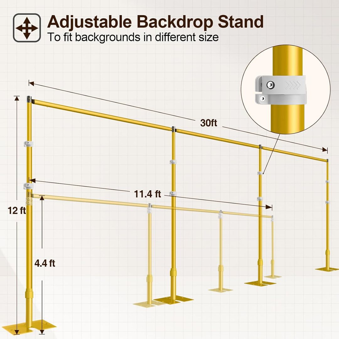 EMART Backdrop Stand Heavy Duty 12ftx30ft, Adjustable Pipe and Drape Photo Background Support Kit, Metal Frame with Flat Base for Wedding Birthday Party Banquet Decorations-Gold — frame 5