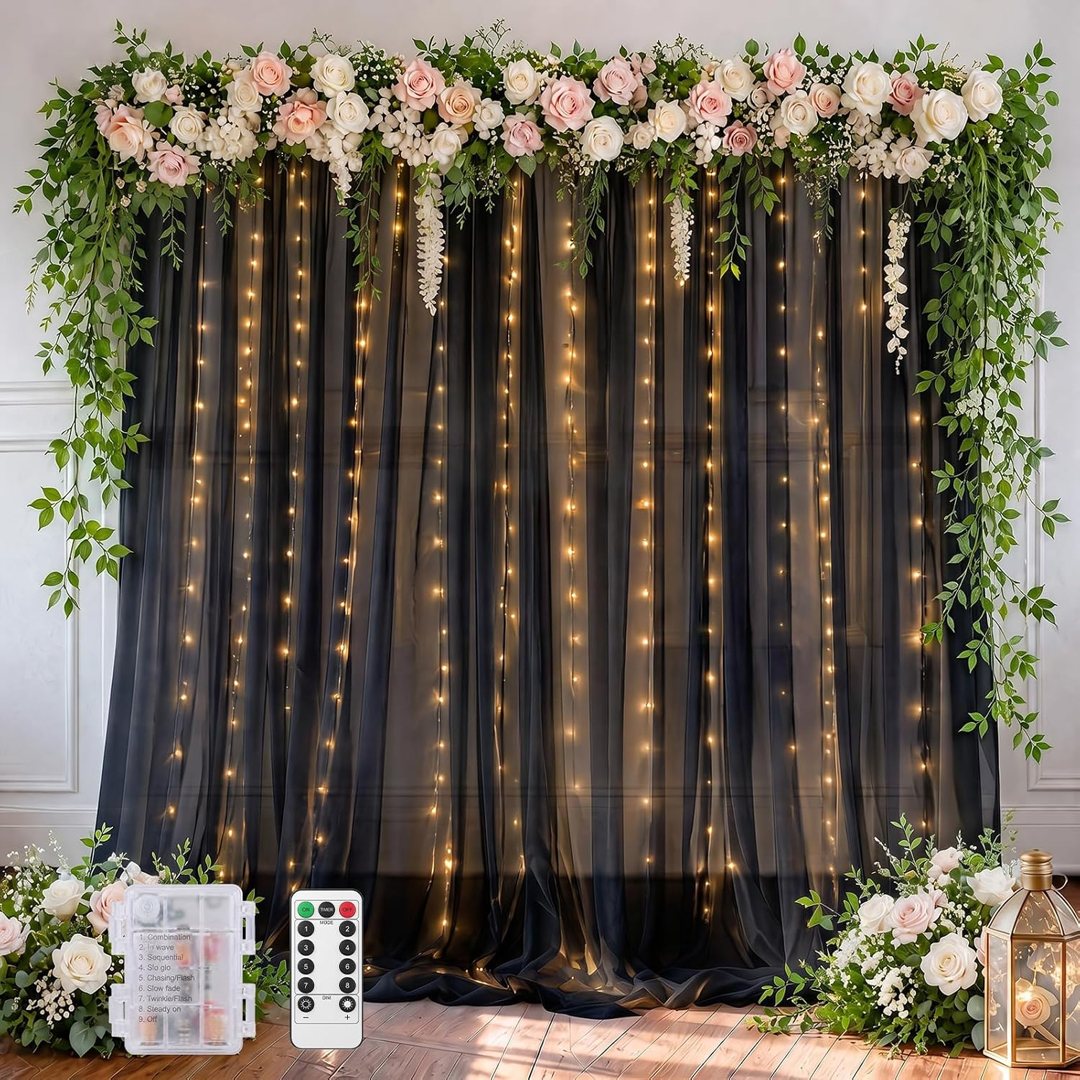 EMART Black 10x10ft Tulle Backdrop Curtains with Lights String — frame 2