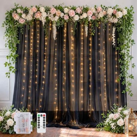 EMART Black 10x10ft Tulle Backdrop Curtains with Lights String