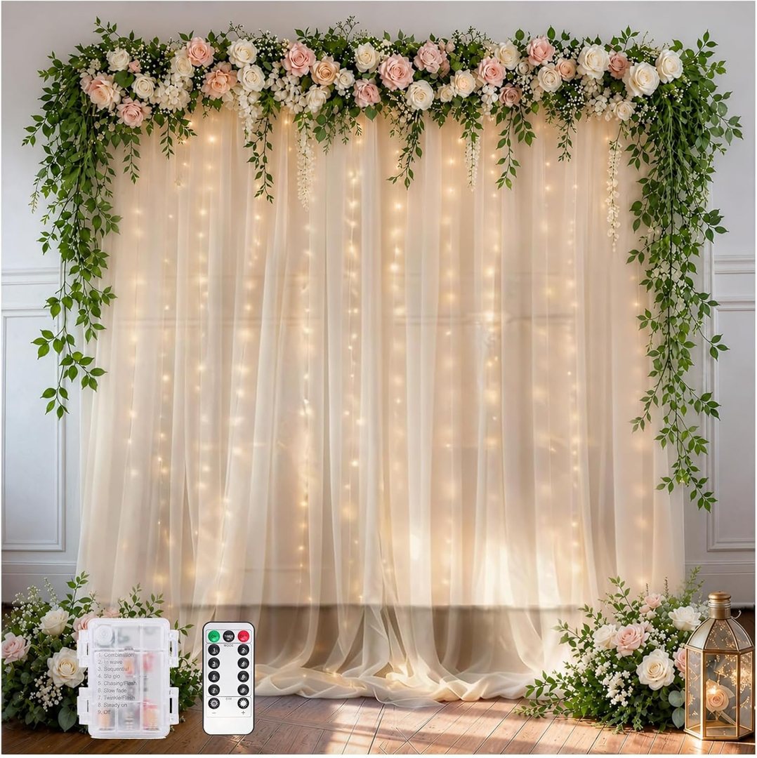 EMART Champagne 10x10ft Tulle Backdrop Curtains with Lights String — frame 2