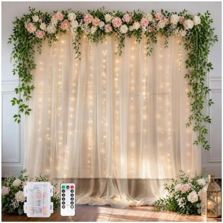 EMART Champagne 10x10ft Tulle Backdrop Curtains with Lights String