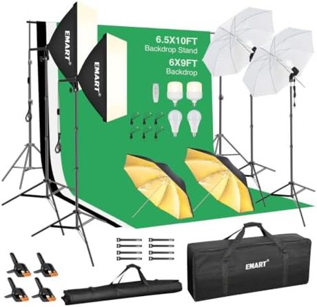 EMART Photography Lighting Kit 6.5x10Ft Backdrop Stand, 50W Dimmable Bulb