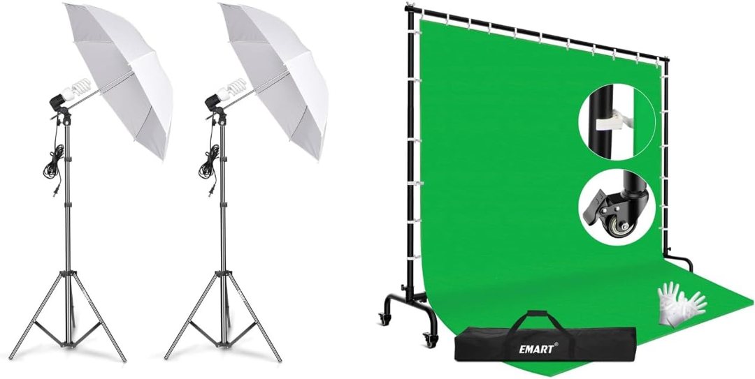 EMART Photography Umbrella Lighting Kit, 400W 5500K, 7x10ft Green Screen Backdrop Kit, Adjustable Frame with Wheels for Banner, Photo Shoot — frame 2