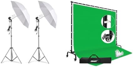 EMART Photography Umbrella Lighting Kit, 400W 5500K, 7x10ft Green Screen Backdrop Kit, Adjustable Frame with Wheels for Banner, Photo Shoot