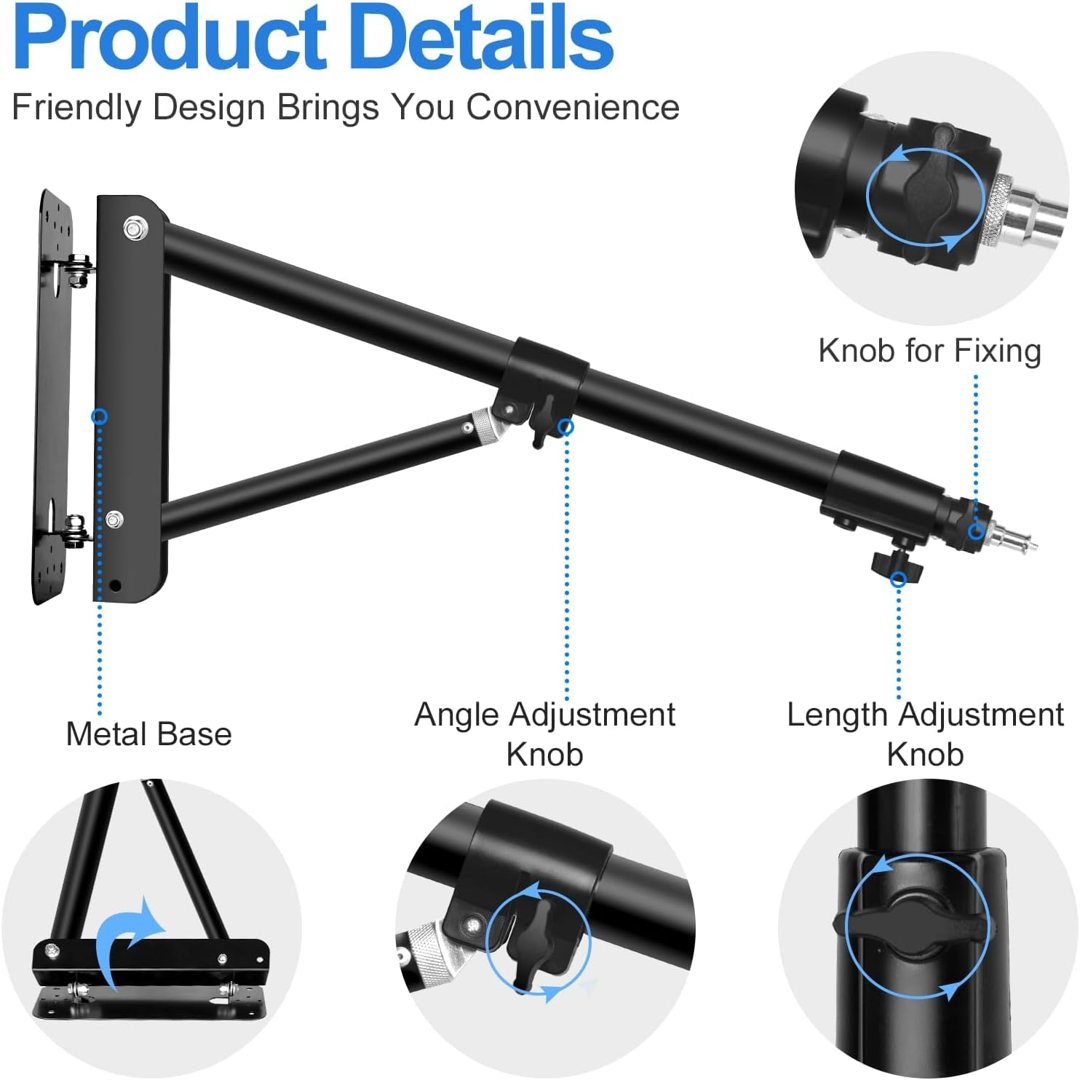 EMART Ring Light Wall Mount Boom Arm, Adjustable 51in/130cm Mounted Overhead Stand, 180°Rotation Heavy Duty Triangle Bracket Mounting Bar for Camera, Photography Lighting, Barber Led Lamp — frame 4