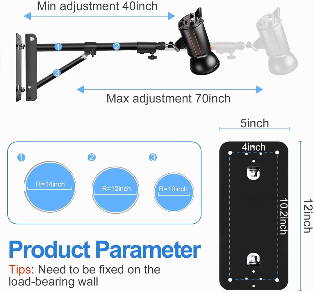 EMART Ring Light Wall Mount Boom Arm, Adjustable 71in/180cm Overhead Stand — frame 4