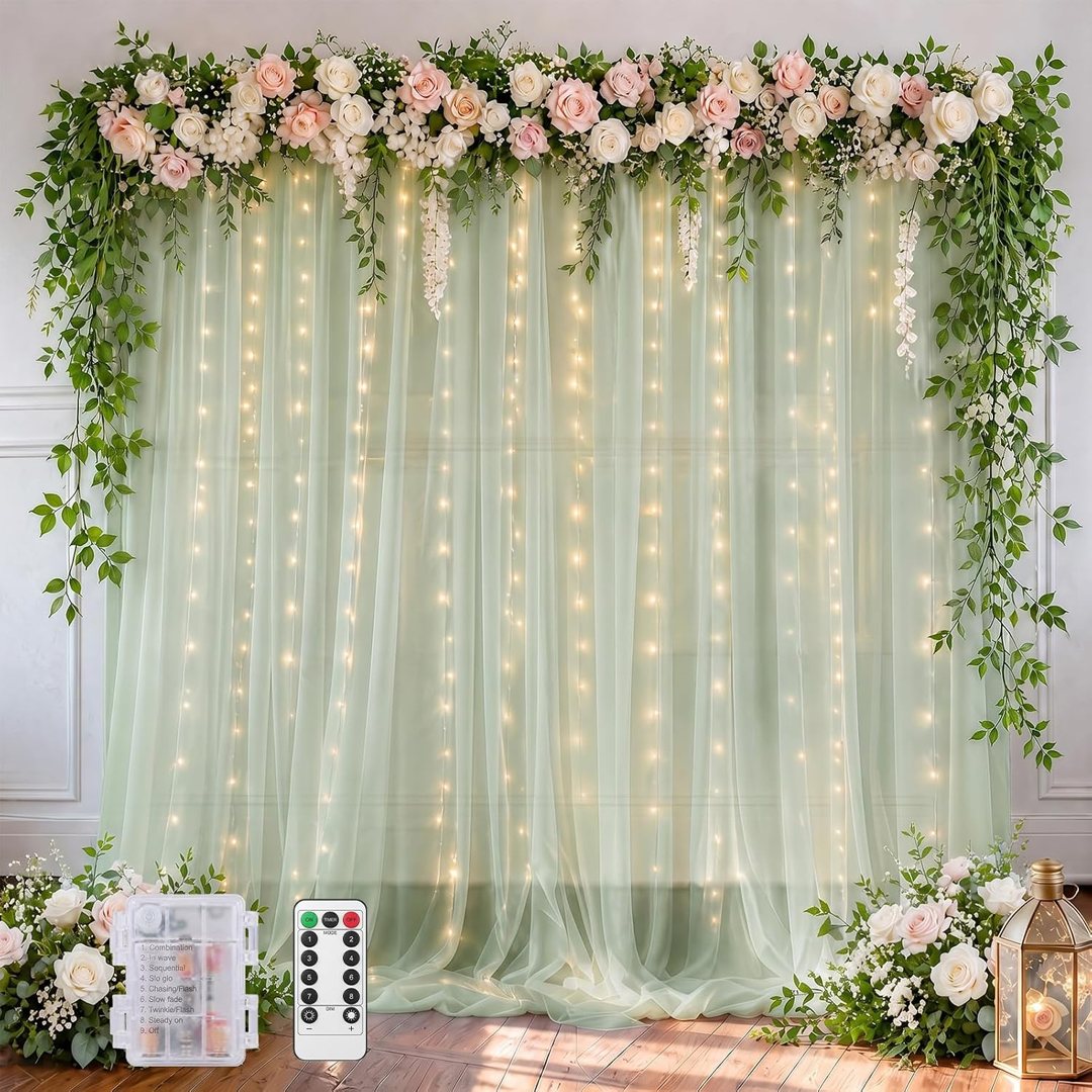 EMART Sage Green 10x10ft Tulle Backdrop Curtains with Lights String — frame 2