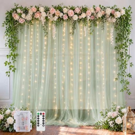 EMART Sage Green 10x10ft Tulle Backdrop Curtains with Lights String