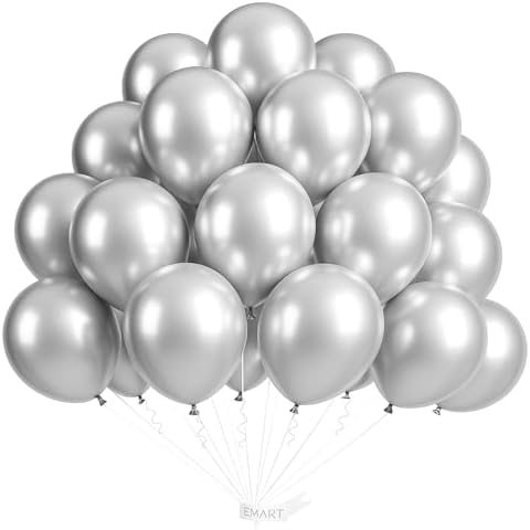 EMART Silver Balloons 12 Inch 60pcs, Latex Balloons for Party(with Ribbon)