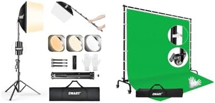 EMART Softbox Lighting Kit, 16"X16" Soft Box, 7x10ft Green Screen Backdrop Kit for Studio Lights, Portrait, Video Recording