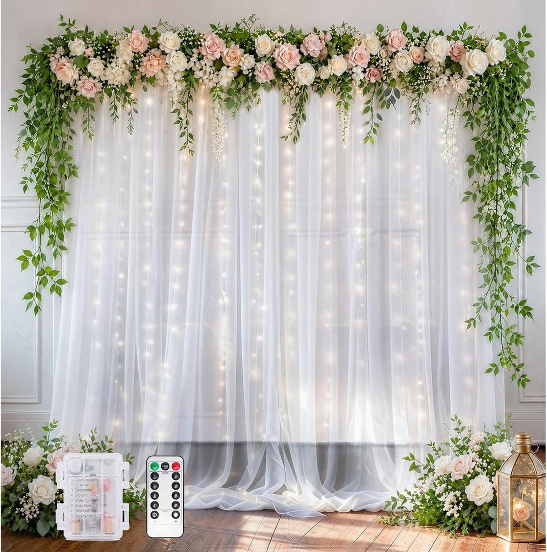 EMART White 10x10ft Tulle Backdrop Curtains with Lights String — frame 2