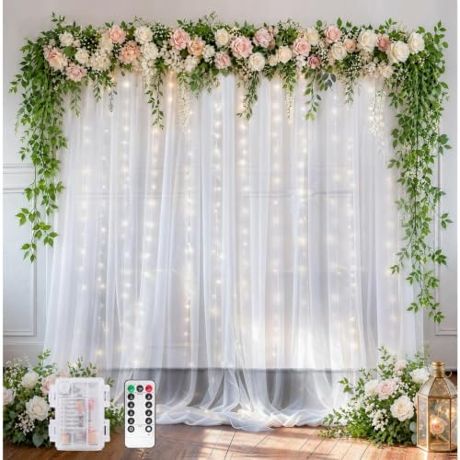EMART White 10x10ft Tulle Backdrop Curtains with Lights String