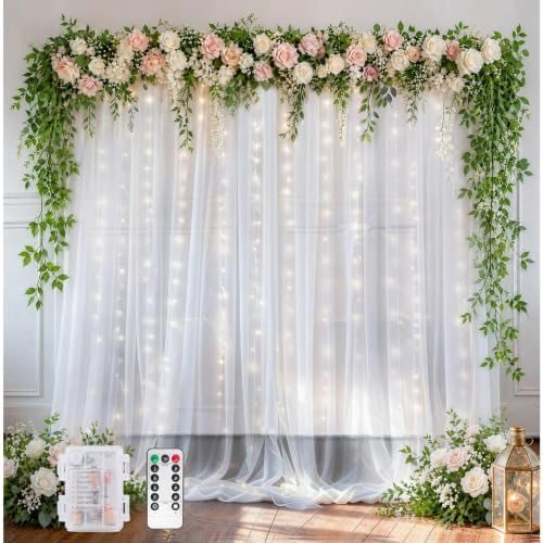 EMART White 10x10ft Tulle Backdrop Curtains with Lights String — frame 1